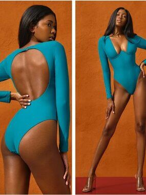 NWT Andrea Iyamah Amar Deep V Long Sleeve Teal Swimsuit
